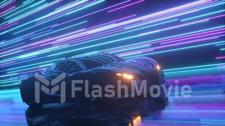 Futuristic concept. Sports car on the background of glowing neon lines. Blue purple color. 3d Illustration