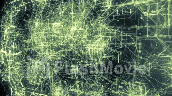 Light green lines drawn by bright spots eventually create an abstract image of a circuit board.