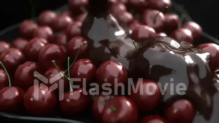 Stunning realistic of pouring liquid chocolate on cherrychocolate on cherry 3d illustration