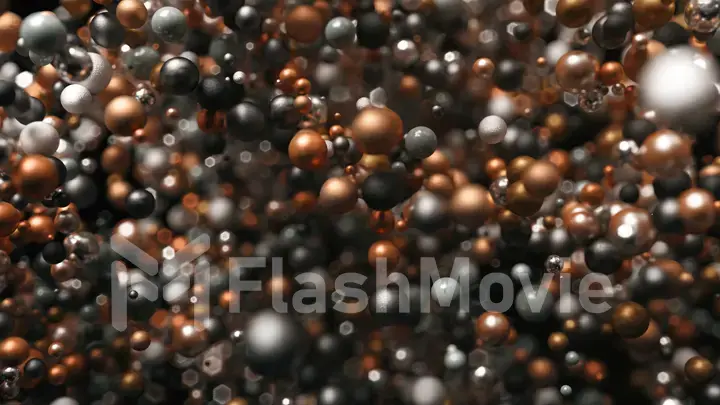 Abstract graphic background with metal spheres. High-quality 3d illustration. Texture balls move in a chaotic manner on black isolated bacgkround.