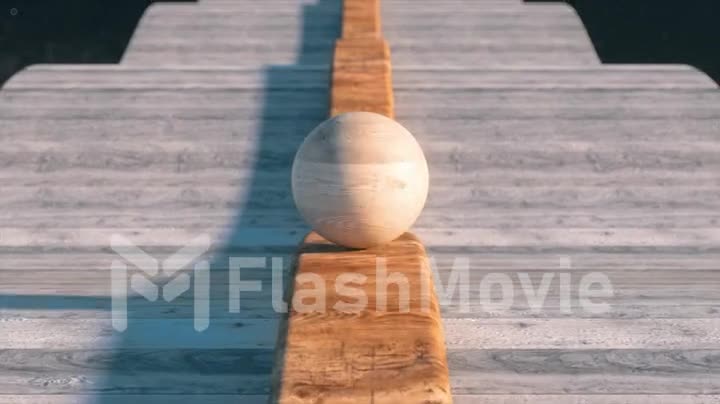 A marble ball rolls down a wooden track. Planet. Jupiter. Wooden flooring. Dark background. 3d animation