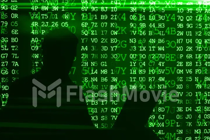 Conceptual image of a hacker on matrix background of falling green computer code digits 3d illustration