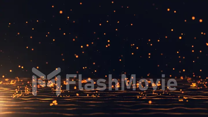 Abstract background with moving and flicker gold particles. Backdrop of bokeh. 3d illustration