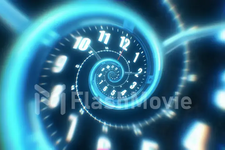 Rotating spiral of a luminous clock from numbers. Abstract 3d illustration