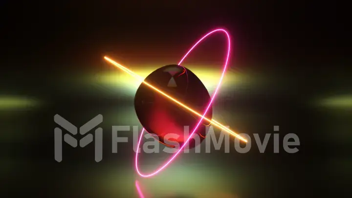 Abstract background with morphing dark spheres illuminated by neon rings. 3d illustration