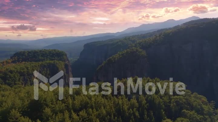 Aerial drone video footage of a large deep canyon. Sheer cliffs and green trees. Wildlife concept. Sunset background
