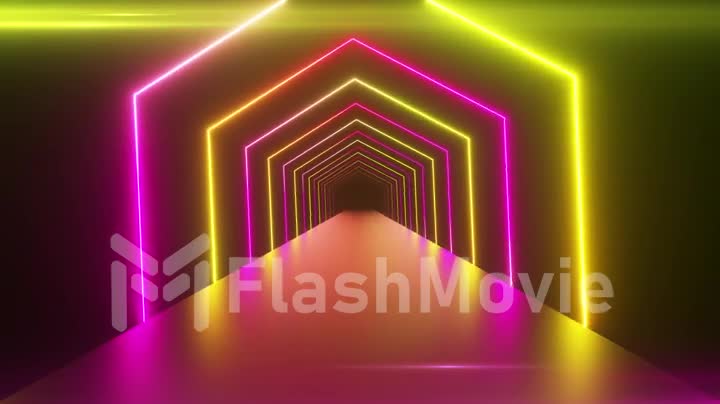 Abstract geometric background with rotating squares, fluorescent ultraviolet light, glowing neon lines, spinning tunnel, modern colorful yellow pink purple spectrum, seamless loop 3d render