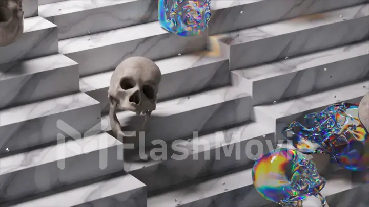 Abstract concept. Small diamonds fall from above. Diamond and bone skulls roll down the marble stairs.