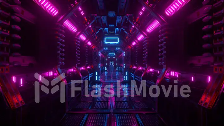 Flying in a spaceship tunnel, a sci-fi shuttle corridor. Futuristic abstract technology. Technology and future concept. Flashing light. 3d illustration
