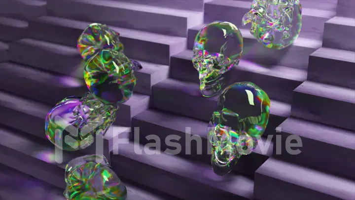 Soft diamond and bone skulls roll down the stairs. Purple neon color. Rainbow. Transparent. Wooden stairs.