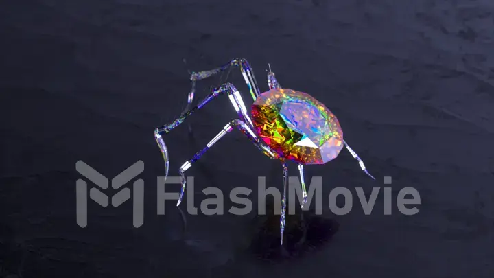 Spider with a body made of a diamond stone walks on a smooth mirror surface. Red color.