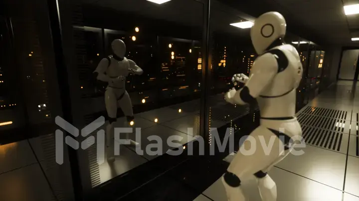 The dancing robot in the server room looks at itself in reflection. Data servers behind glass panels in the server room of the data center. 3d illustration