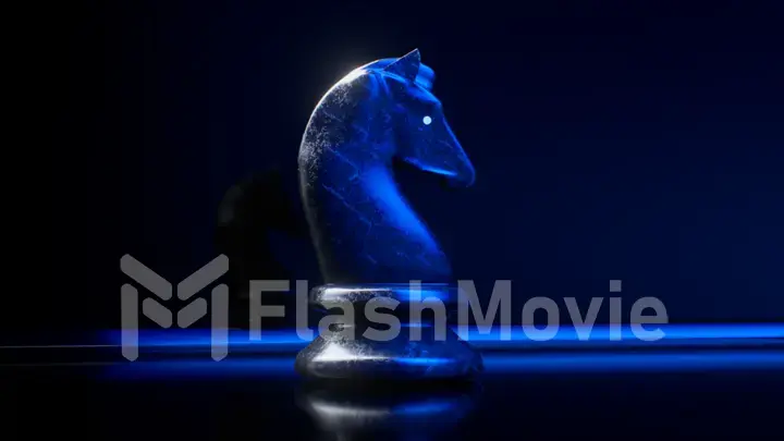 Game concept. Dark marble chess knight. Blue neon light. 3d illustration