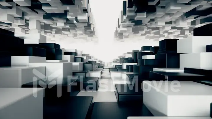 Abstract geometric tunnel made of black and white cubes with random movement. 3d illustration