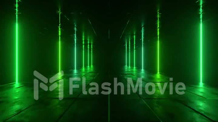 Futuristic sci fi bacgkround. Green neon lights glowing in a room with concrete floor with reflections of empty space. Alien, Spaceship, Future, Arch. Progress. 3D animation of seamless loop.