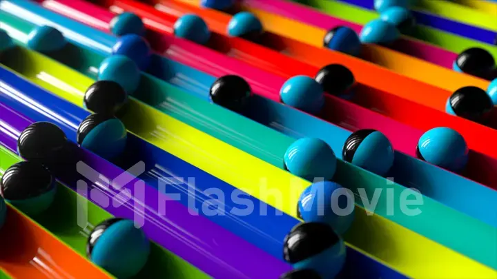 Bright colorful background with rolling balls along the paths. Minimalism and fashion concept. 3d illustration