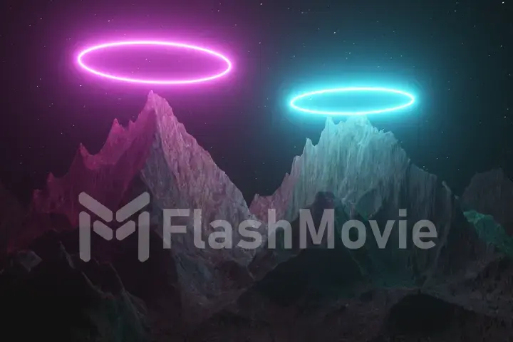 Beautiful minimalist fantastic landscape. Bright neon circles among the mountains against the background of a rotating night starry sky. 3d illustration. Blue pink spectrum