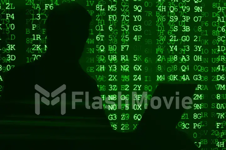 Silhouette of a man working for a laptop hacker 3d illustration