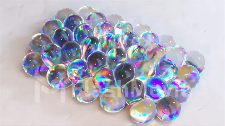 Transparent bubbles with rainbow liquid inside are inflated on a grid of circles. 3d illustration