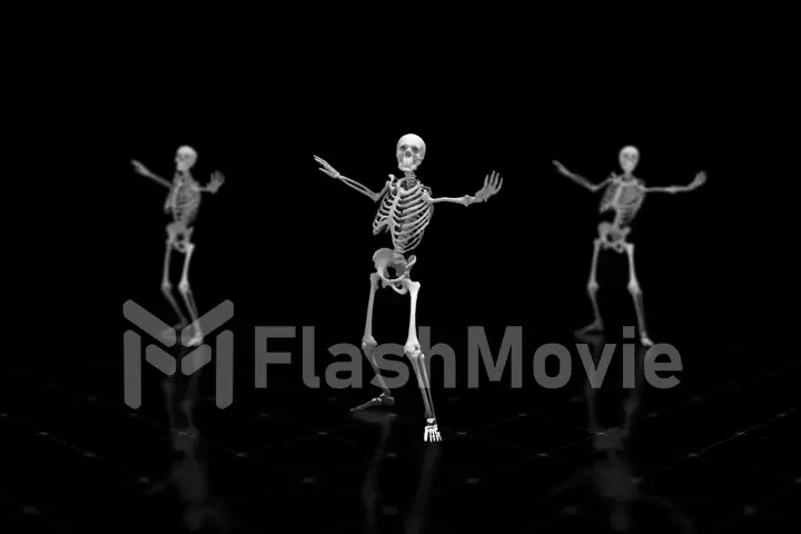 Three dancing skeletons on an isolated black background with reflective floor, 3d illustration