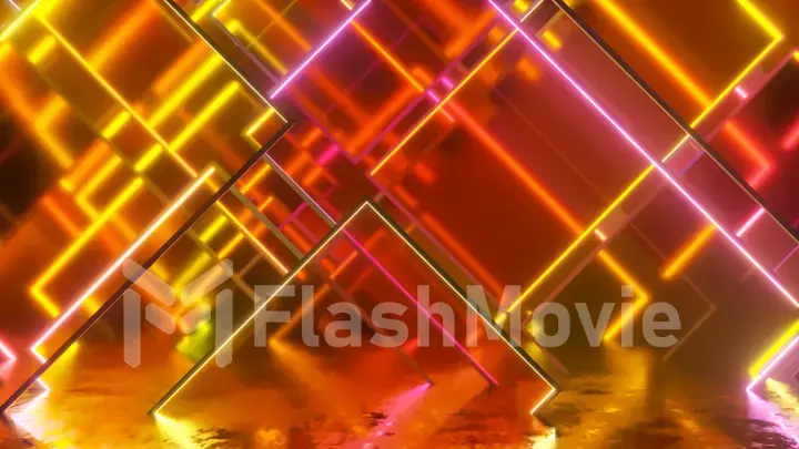 Movement of glass neon blocks. Modern orange light spectrum. 3d illustration