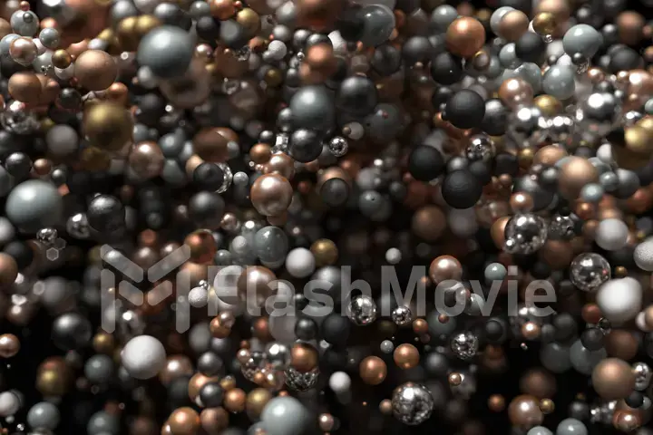 Abstract graphic background with metal spheres. High-quality 3d illustration. Texture balls move in a chaotic manner on black isolated bacgkround.