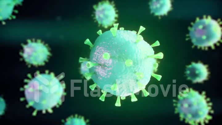 Realistic virus cells rotate against a dark background. Flu outbreak and influenza with red microscope virus close up. Pandemic, medical concept. Seamless loop 3d render