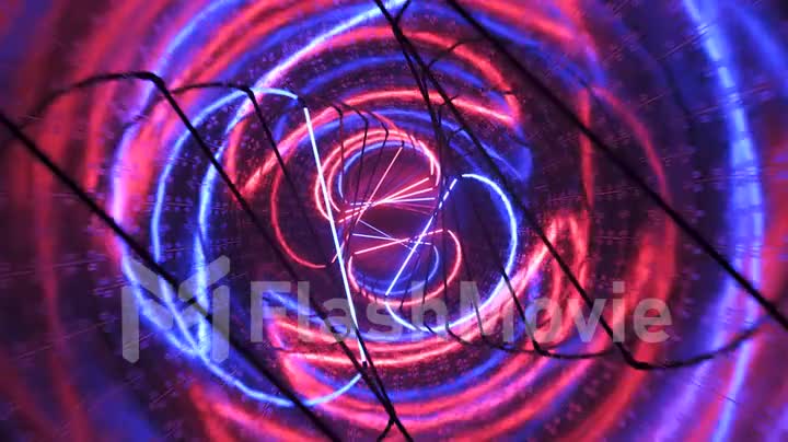 Flying in a metal tunnel with neon lighting. Halogen lamps. Abstract background. Modern blue red spectrum. 3d animation