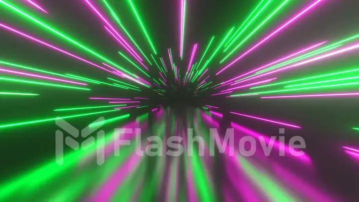 Flying in space with luminous neon lines. Hyperspace. Modern spectrum of light. Green purple color. 3d illustration