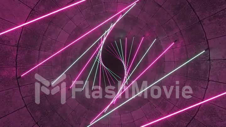 Flying in a concrete tunnel with neon lighting. Halogen lamps. Abstract background. Modern pink white light spectrum. 3d animation