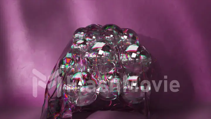 Smooth transparent rainbow balls move on a purple background. Wave. Close-up. Transparent cape on top of the balls