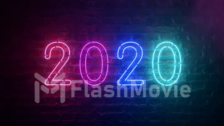 2020 neon sign background new year concept. Happy New Year. Brick background. Modern ultraviolet blue purple neon light. Flicker light. 3d illustration