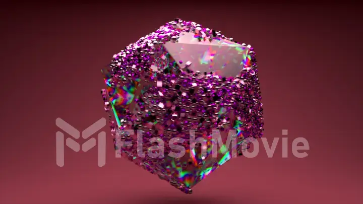 Abstract concept. A multi-faceted transparent gem rotates on a purple background. Precious particles on the stone.