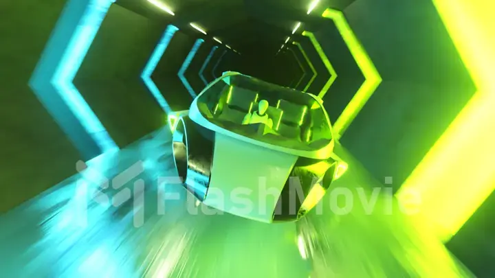 Flying a robot behind the wheel of a futuristic car in a long tunnel. Artificial intelligence and future concept. 3d illustration