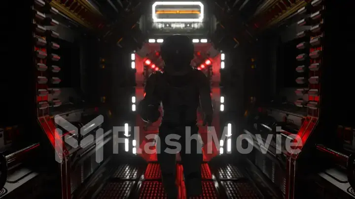 Astronaut runs through a tunnel to another compartment of the space gate. Spaceship and technology concept. 3d illustration