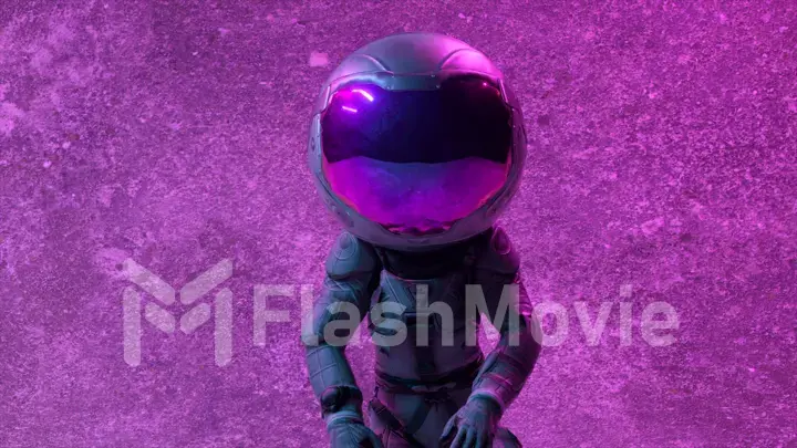 Cyberpunk astronaut in a large round helmet dances against the backdrop of a disco. Neon. Flashing light. Close-up