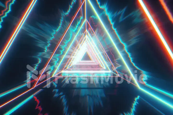 Flying through glowing neon triangles creating a tunnel with grunge reflection, blue red spectrum, fluorescent ultraviolet light, modern colorful lighting, 3d illustration