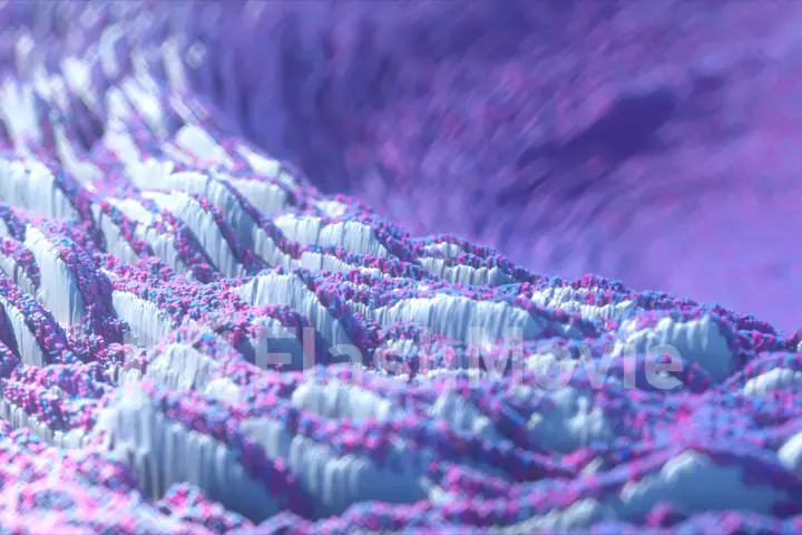 Abstract wave displacement surface. Abstract planet surface. Noise texture makes a highs and lows surface details. Blue pink spectrum. 3d illustration