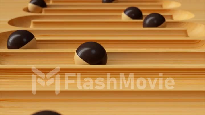 Bright colorful background with rolling balls along the paths. Plastic ball rolling in geometry deepening. 3d animation of a seamless loop