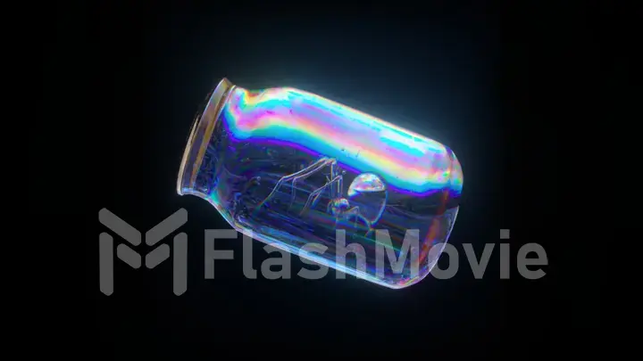 Glass jar rotates on a Black Isolated background. Diamond spider inside a jar. Blue neon color. 3d illustration.
