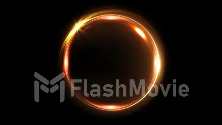 Abstract rotating neon circle in gold color. Luminous ring. Space tunnel. LED color ellipse. 3d illustration. Empty hole. Glow portal. Hot ball. flickering spin.