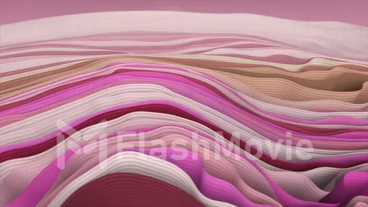 Multi-colored ribbons sway in wave-like movements. Fabric folds. Pink, purple, beige color. 3d illustration