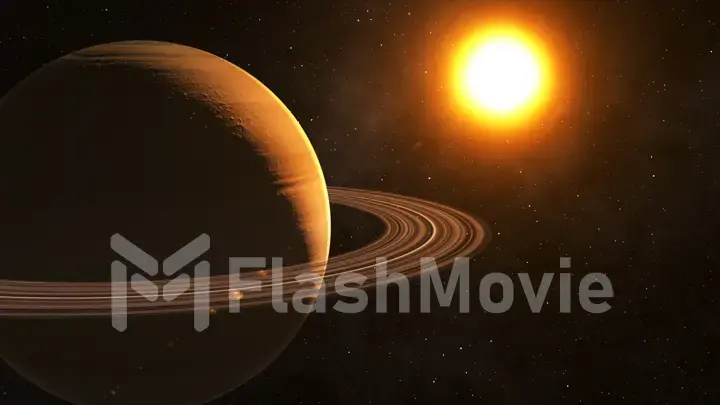 The sun shines on Saturn in space high quality 3d illustration.