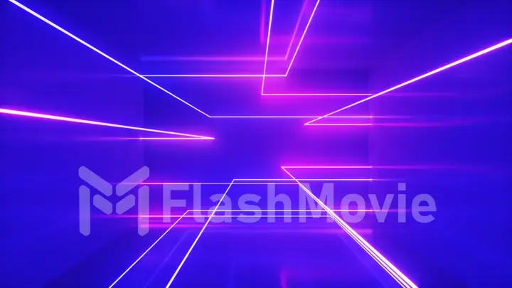Abstract background, moving neon rays, luminous lines inside the room, fluorescent ultraviolet light, blue red pink violet spectrum, 3d illustration