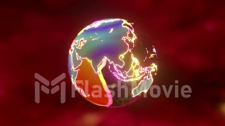 Engraved map of the world on a crystal ball. Rotating globe. Blurred red pink background. 3d animation of seamless loop