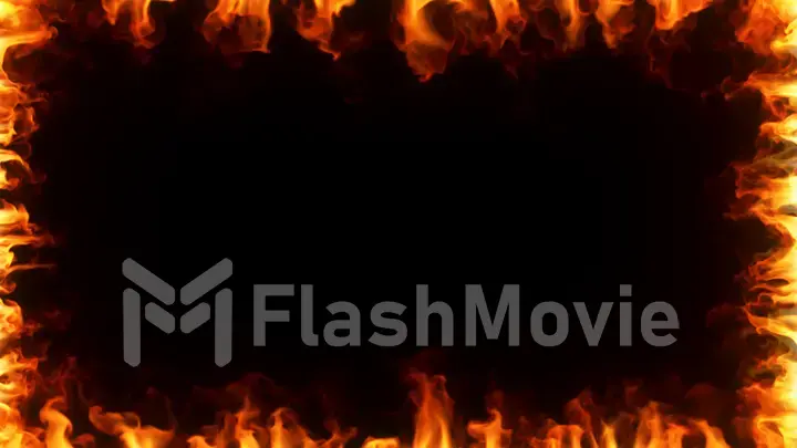 Fire burning in slow motion. A fiery frame surrounding the screen on black isolated background. 3d illustration