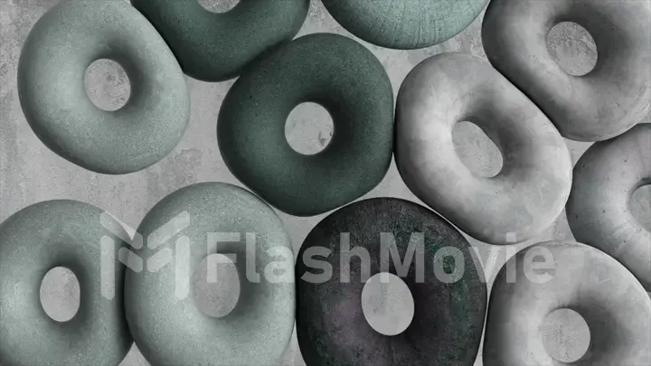 Lots of gray soft donuts on a gray background. Abstract concept. Round objects. Toys. 3d illustration