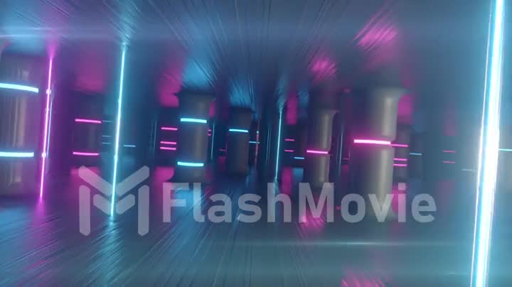 Fly through a futuristic corridor along neon glass pillars