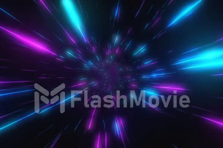 Abstract flight in retro neon hyper warp space in the tunnel 3d illustration