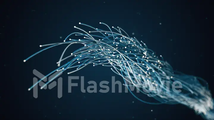 Spreading blue fiber wires in space. Camera movement for wires. The concept of distribution and transmission of information in the digital world. 3d illustration